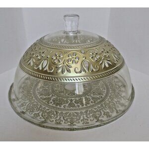 Vintage Gold On Iceberg Art Glass Painted Turkish Cake Platter and Dome